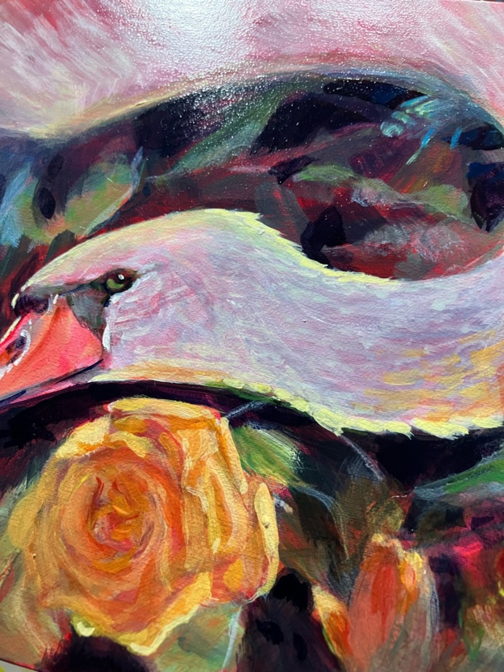Swan original painting yellow rose garden surrealism art Artettina USA - Picture 5 of 8